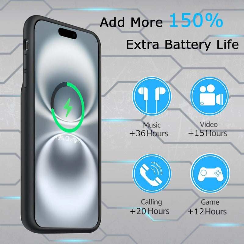 KCKEBLM Battery Case iPhone 16 Plus, Upgraded 12000mAh Rechargeable Portable Extended Battery Pack Supported Qi Wireless Charging Case Compatible with iPhone 16 Plus (6.7 inch) Charger Case Power Bank (Black) - Image 3